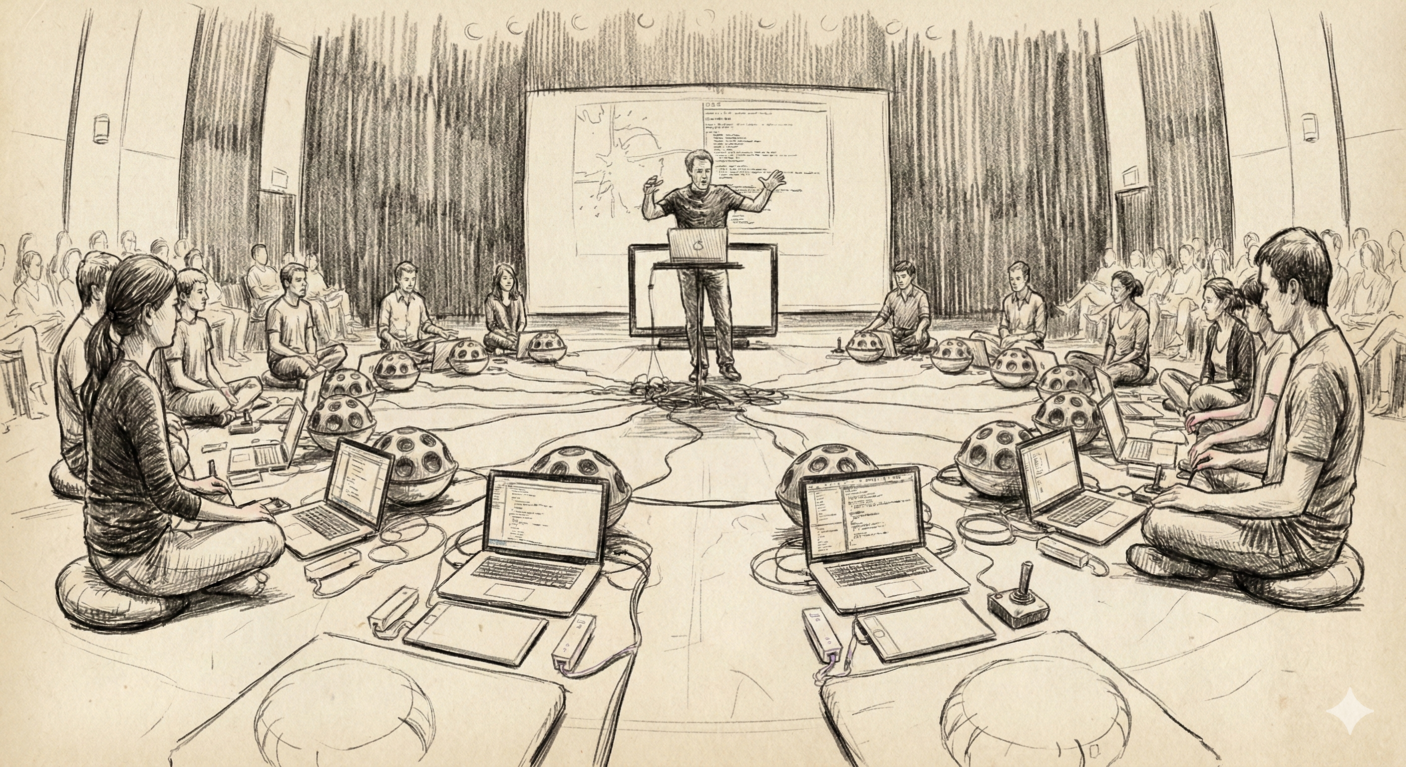 Croquis de una orquesta de laptops con altavoces hemisféricos y estaciones de trabajo